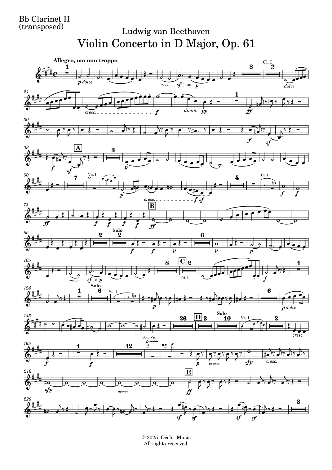 Beethoven: Violin Concerto in D - Clarinet II Part (transposed for Bb Cl.) (arr. Ocelot Music) by Ludwig Van Beethoven 管弦乐团 - 预览