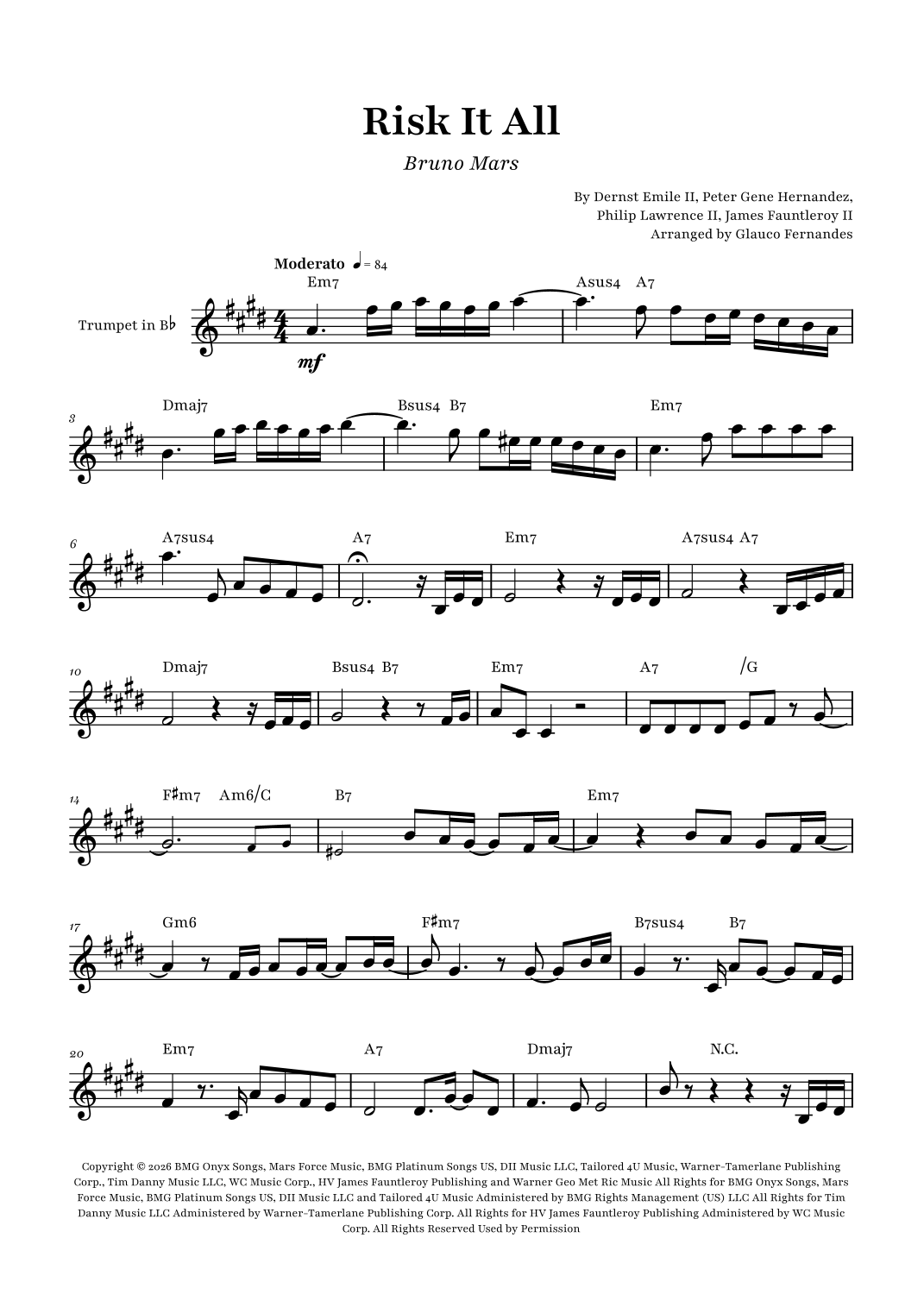 Risk It All by Bruno Mars Sheet Music for Trumpet Solo (arr. Glauco ...