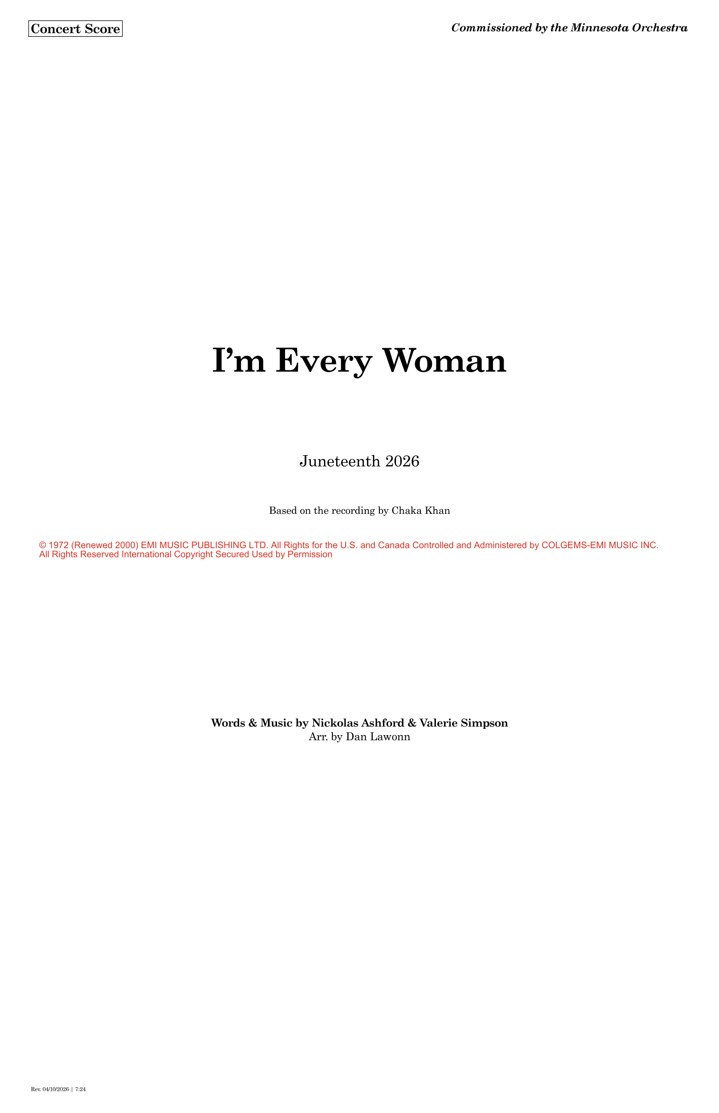【夏卡·康《我是每个女人》（丹尼尔·拉旺改编）管弦乐总谱】I'm Every Woman (arr. Daniel Lawonn) by Chaka Khan Full Orchestra PDF乐谱下载
