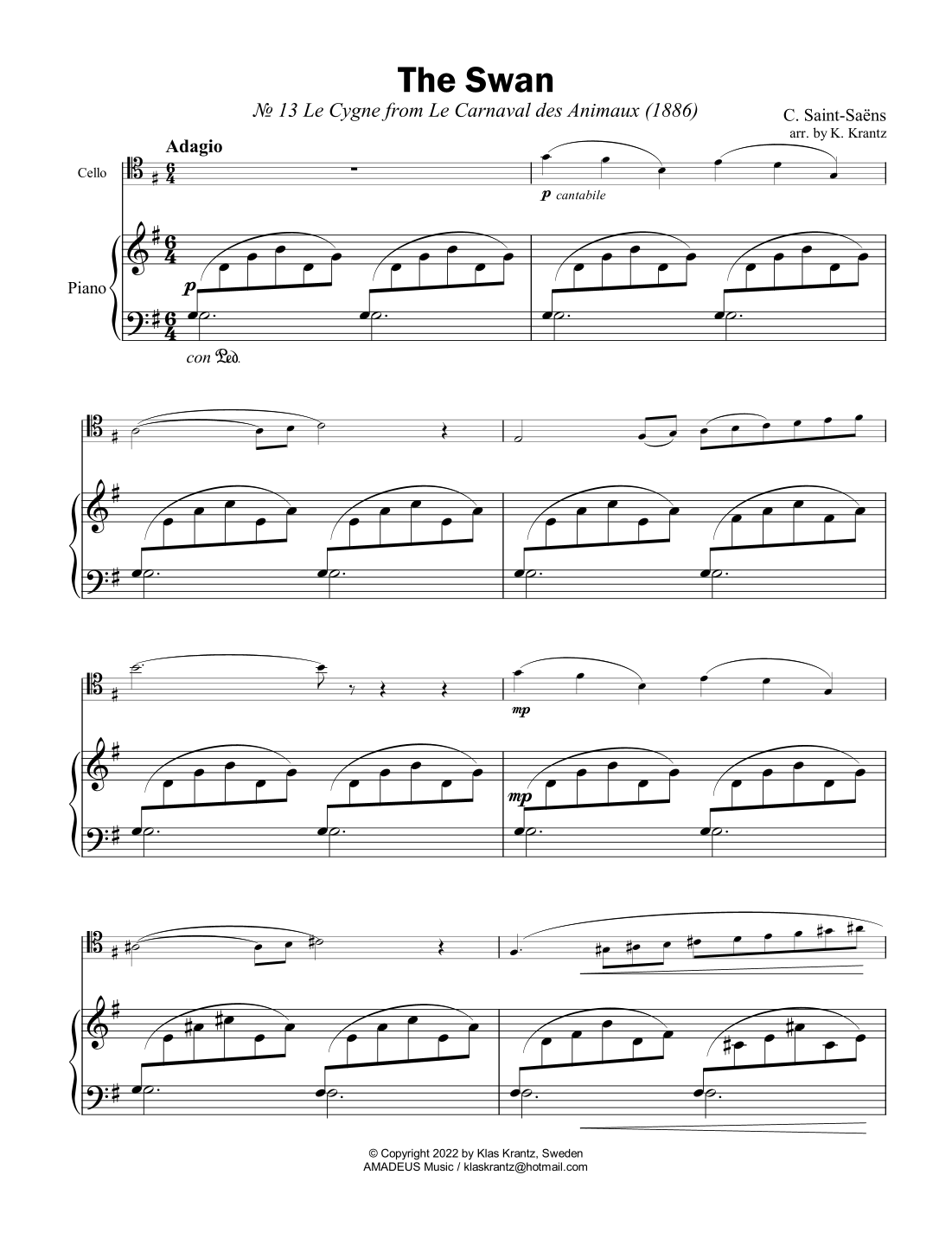 The Swan / Le cygne for cello and easy piano (arr. K. Krantz) by C ...