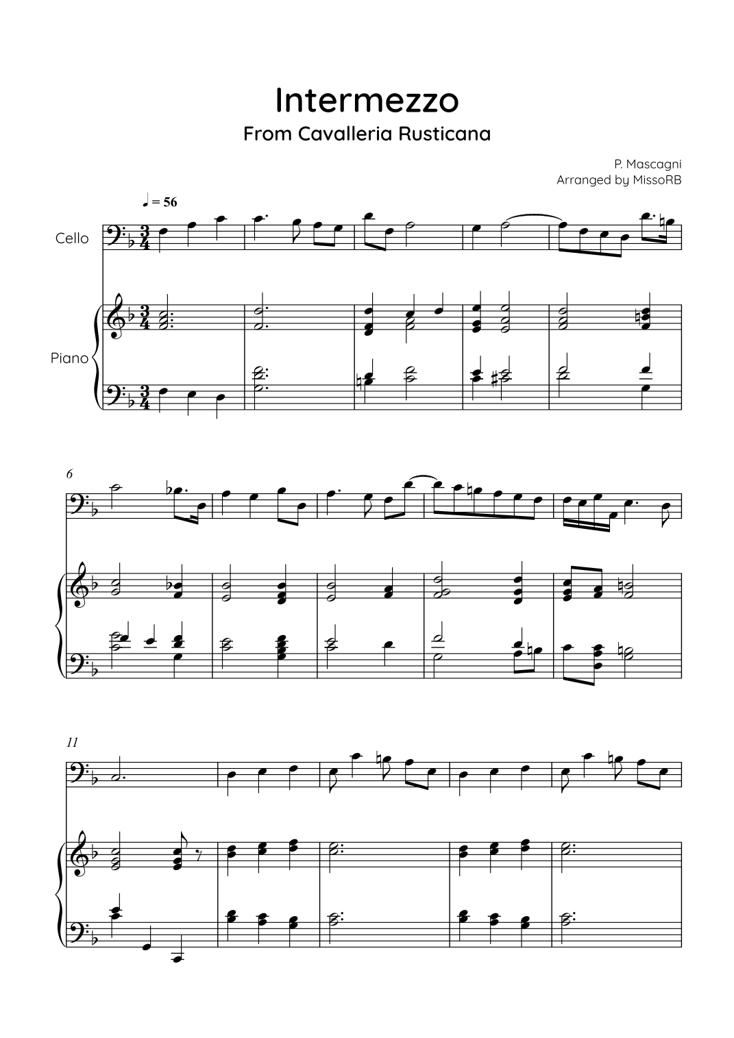 Intermezzo from Cavalleria Rusticana - Cello & Piano in F - Easy ...