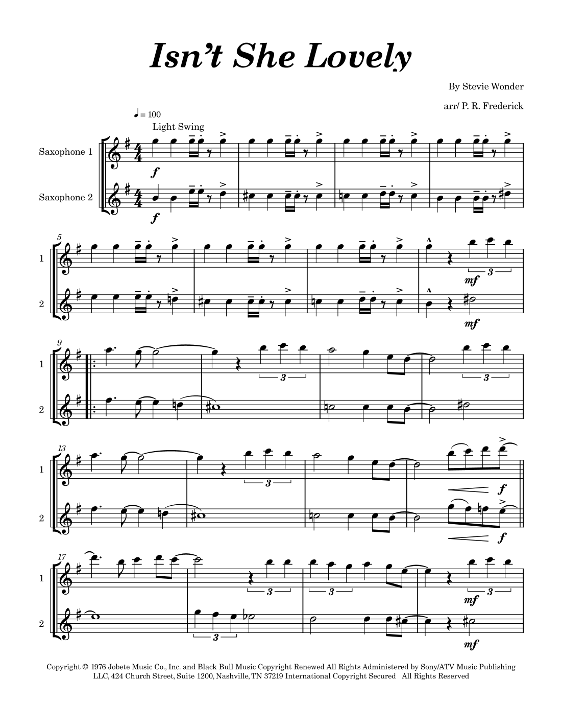 Isn't She Lovely by Stevie Wonder Sheet Music for Alto Sax Solo