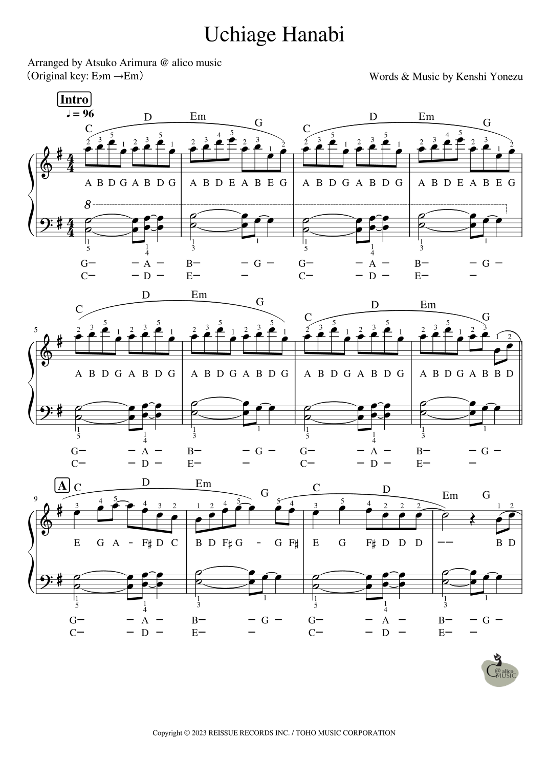 Uchiage Hanabi by Kenshi Yonezu Sheet Music for Easy Piano (arr