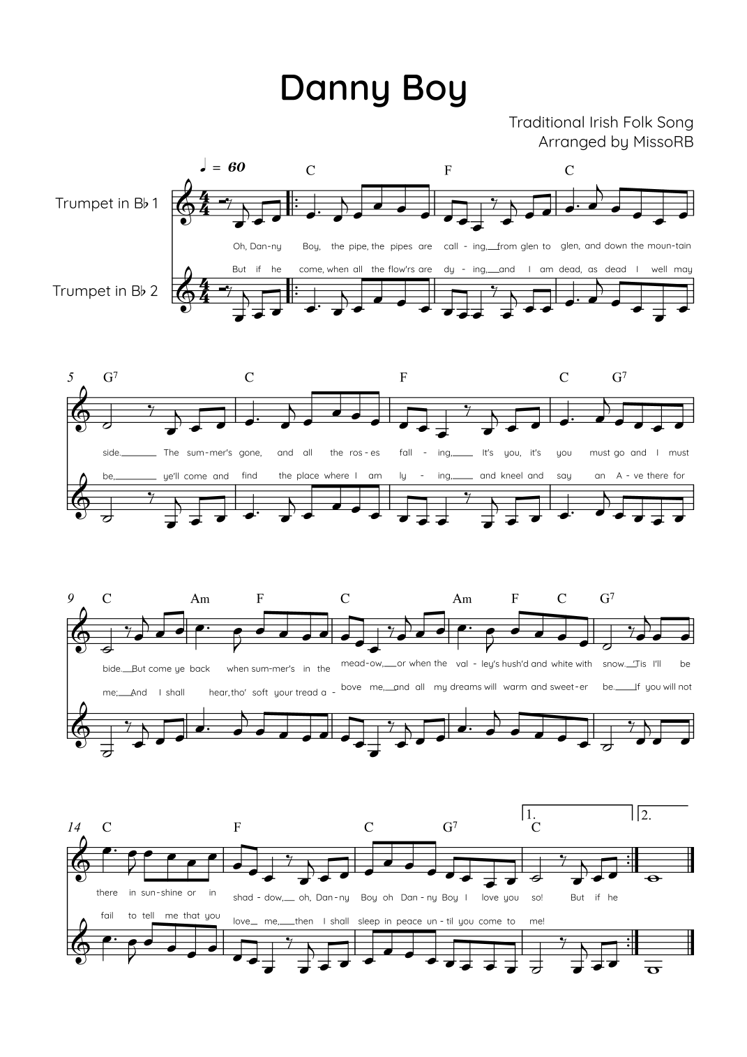Danny Boy - Trumpet Duet in Bb With Chords & Lyric - Easy (arr. MissoRB ...