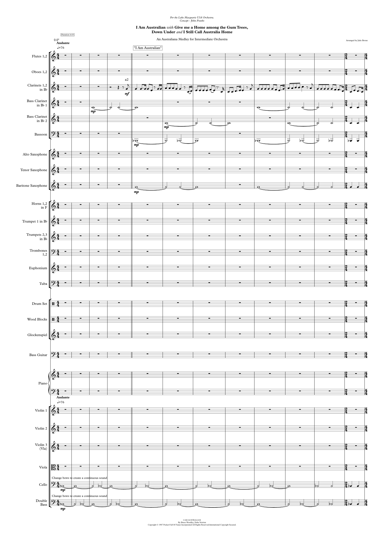 【朱莉·贝文《澳大利亚经典歌曲联奏》管弦乐总谱】Medley: I Am Australian with (Give Me A Home) Among The Gumtrees, Down Under, and I Still Call Au... (arr. Julie Bevan) by Julie Bevan Full Orchestra PDF乐谱下载