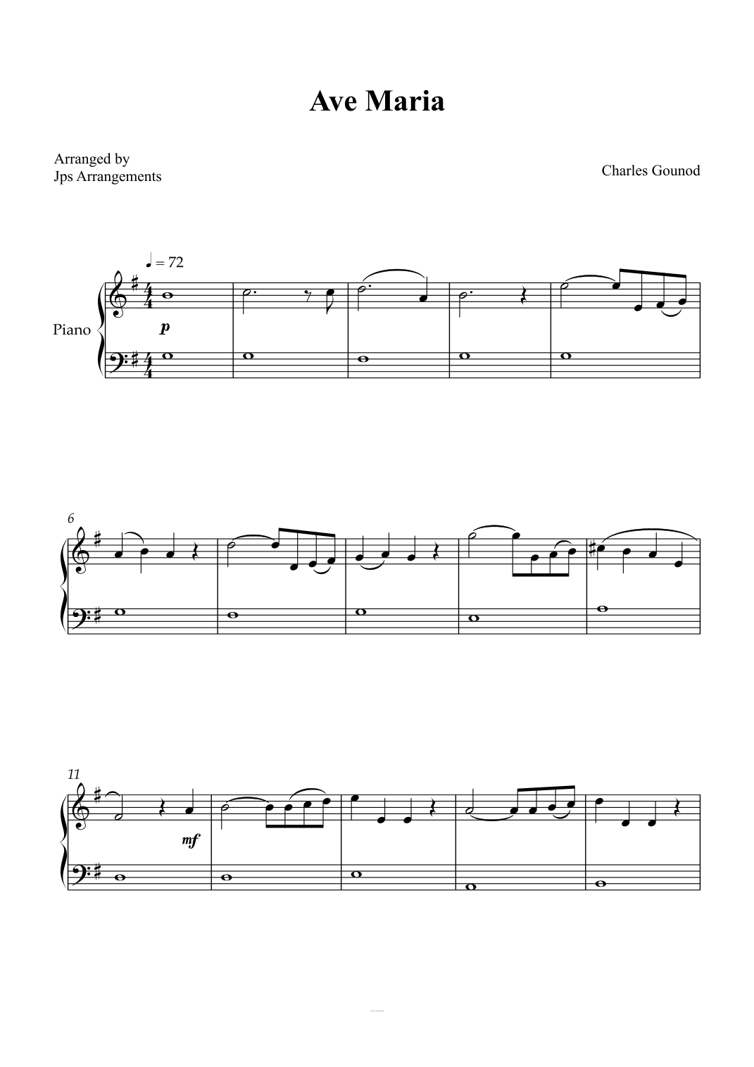 Ave Maria (Bach/Gounod) - Easy Piano in G Major ( without chords ) (arr ...