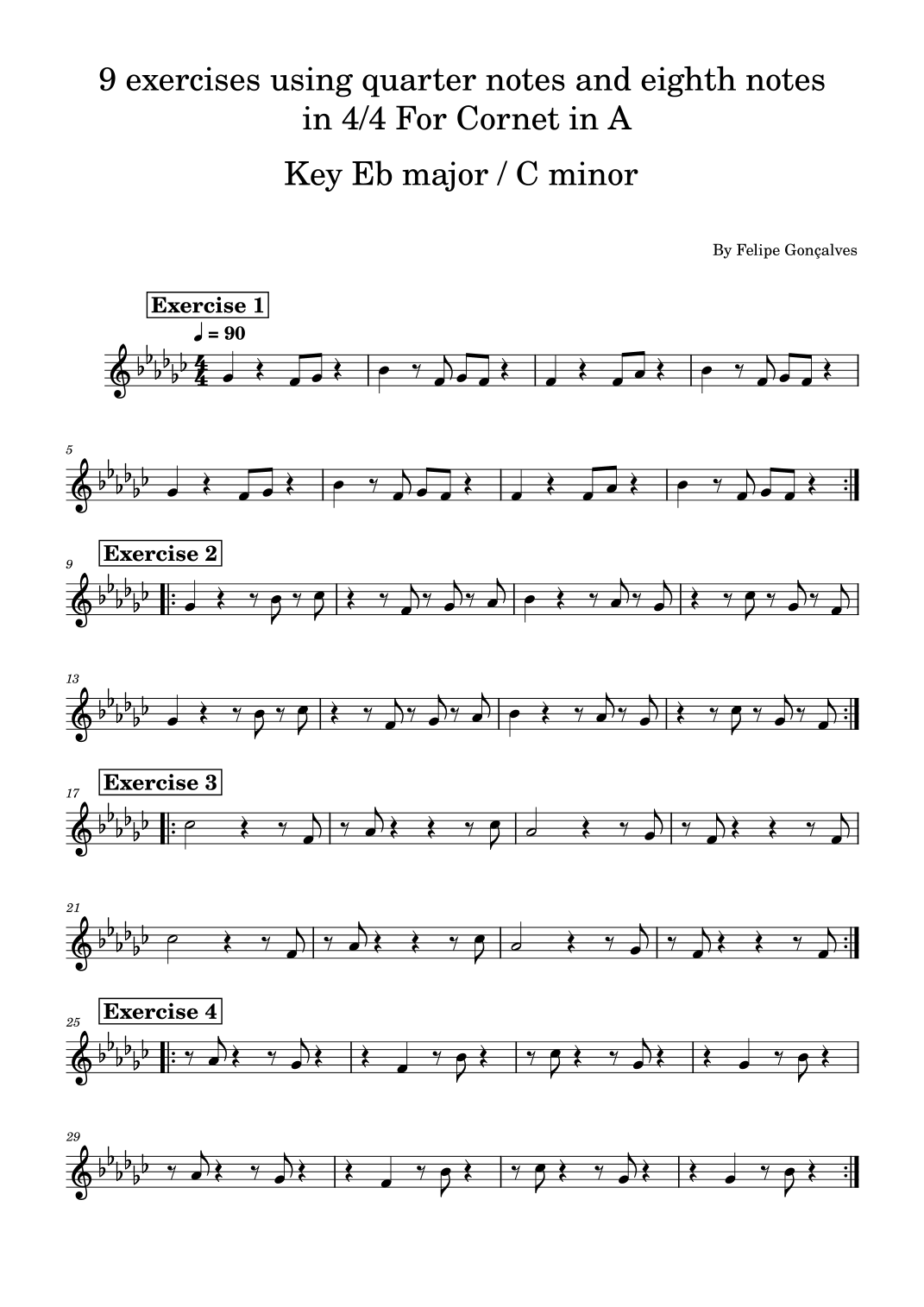 9 exercises using quarter notes and eighth notes in 4/4 For Cornet in A ...