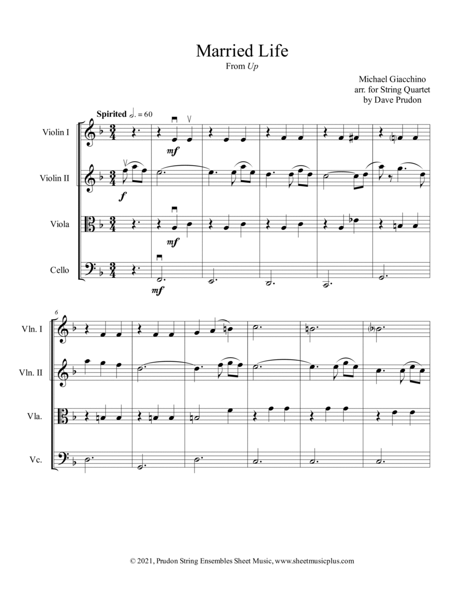 Married Life Sheet Music Michael Giacchino String Quartet