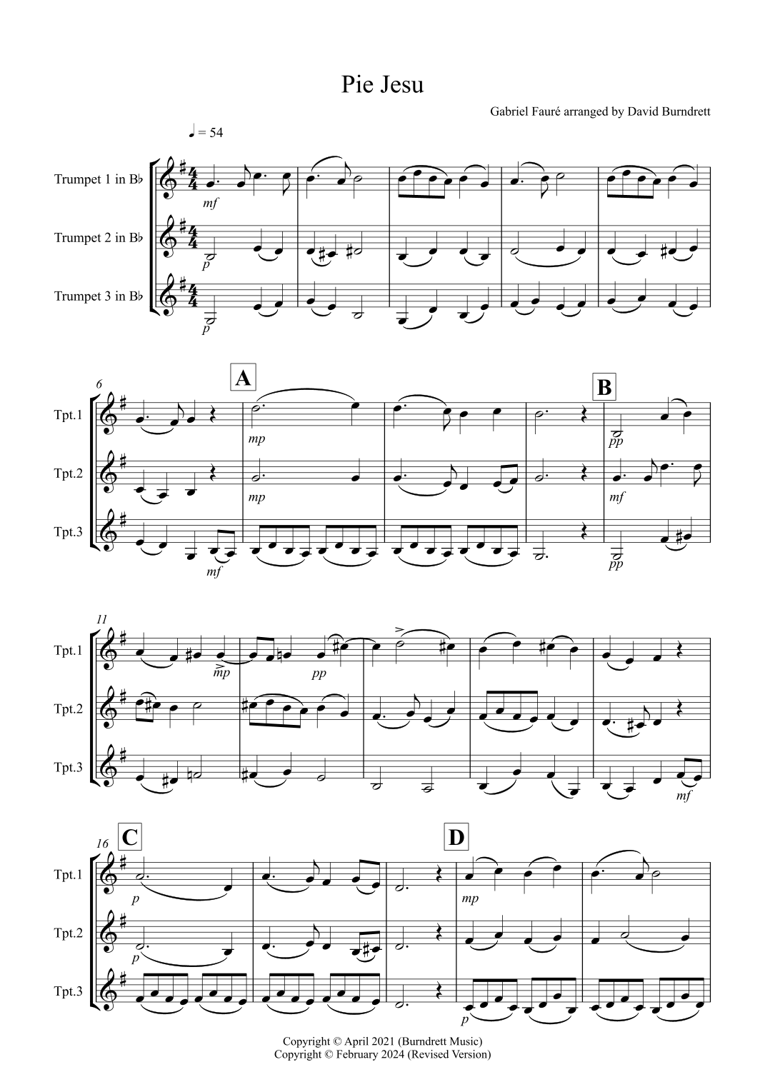 Pie Jesu (from Requiem) for Trumpet Trio (arr. David Burndrett) Sheet