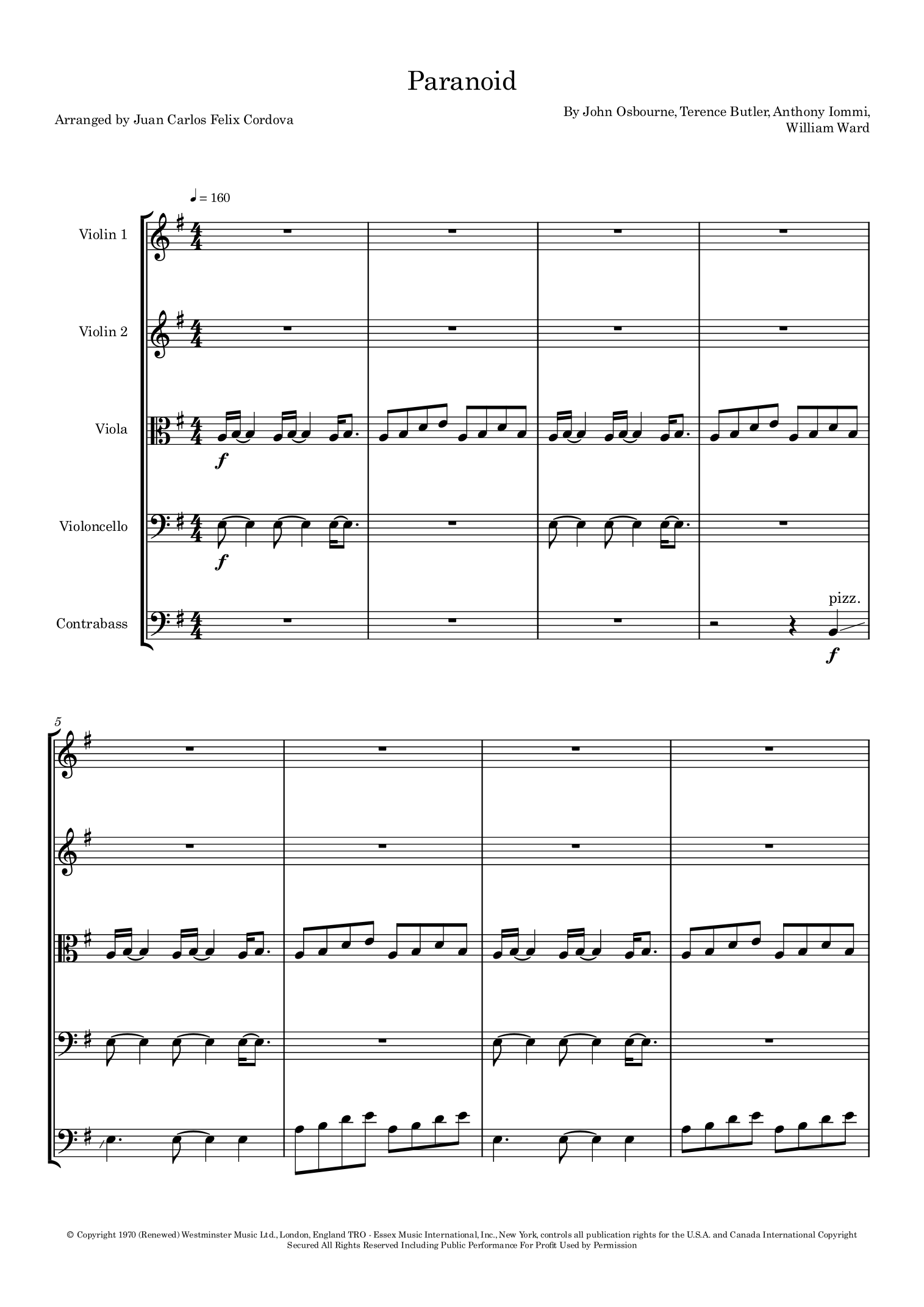Paranoid by Black Sabbath Sheet Music for String Ensemble (arr. Juan ...