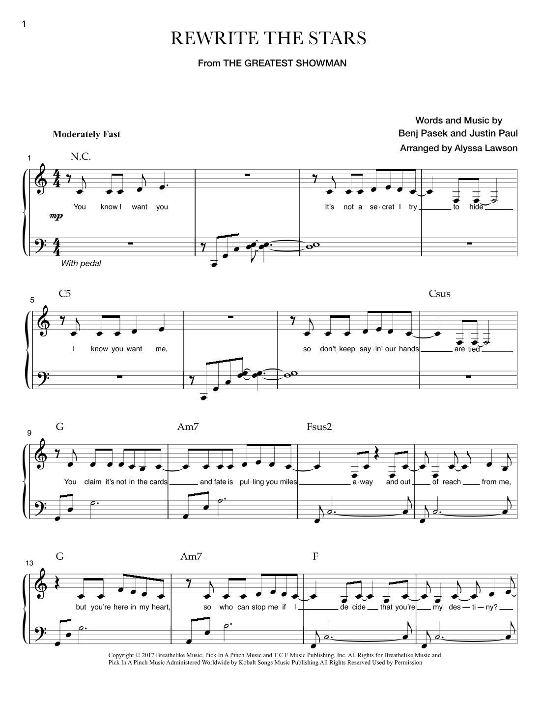 Rewrite The Stars (arr. Alyssa Lawson) by Zac Efron & Zendaya Sheet