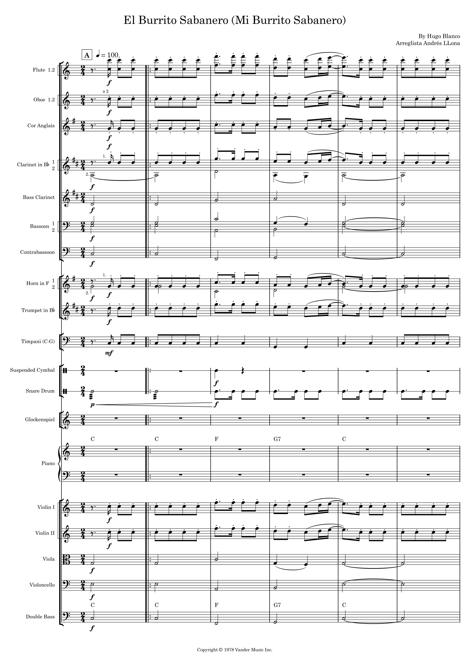 El Burrito Sabanero (Mi Burrito Sabanero) (arr. Andrés LLona) by Hugo Blanco 管弦乐总谱 - 预览