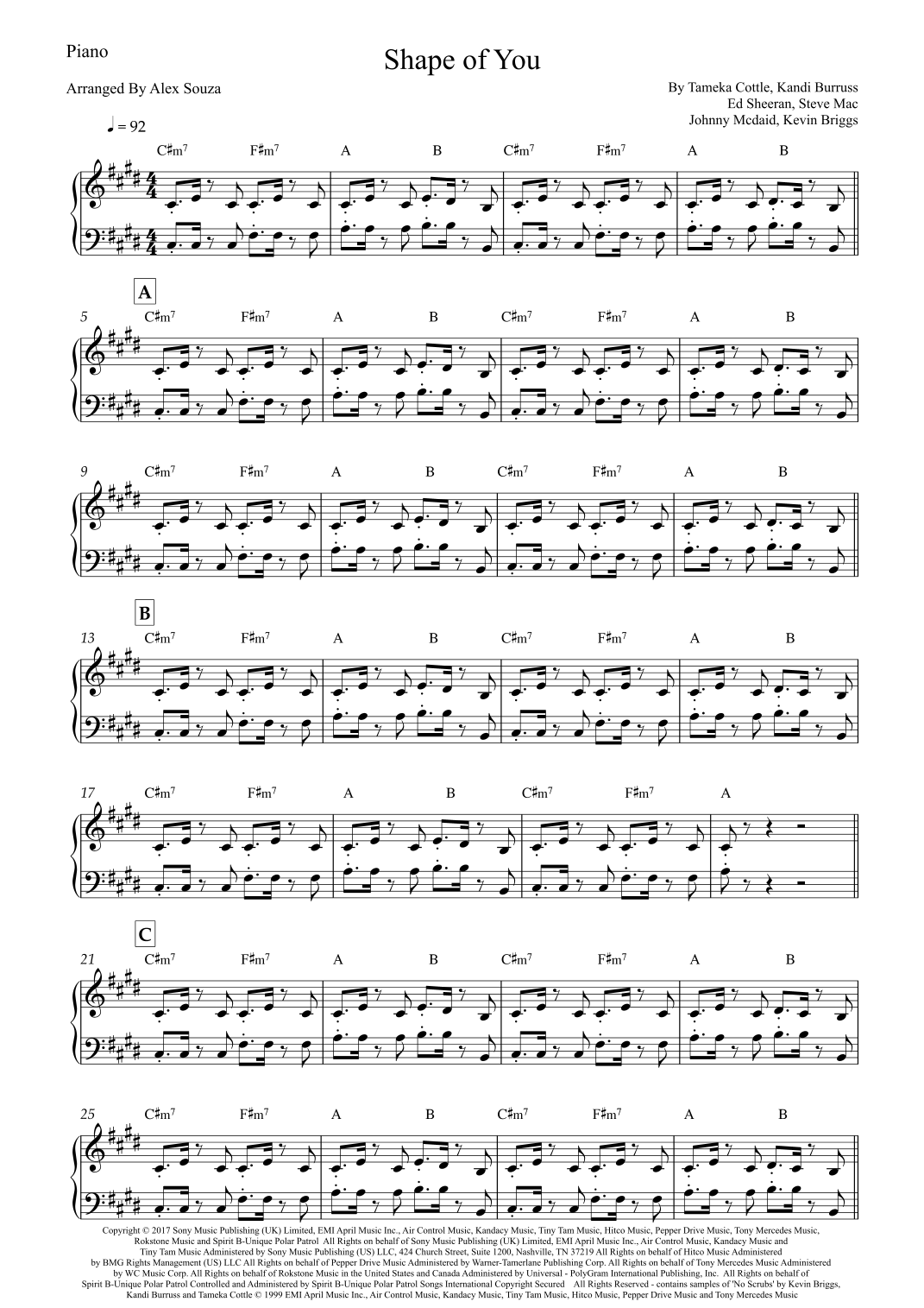 Shape Of You (arr. Alex Souza) by Ed Sheeran Sheet Music for Easy Piano ...