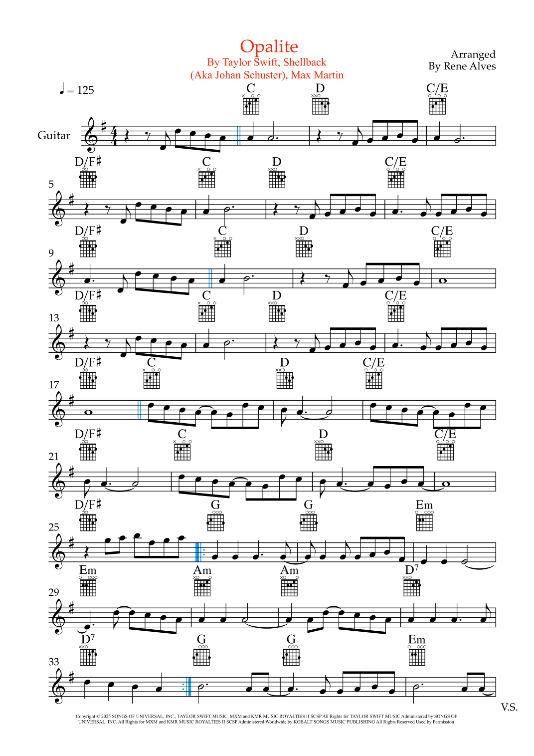 Opalite by Taylor Swift Sheet Music for Guitar and Piano (arr. Rene