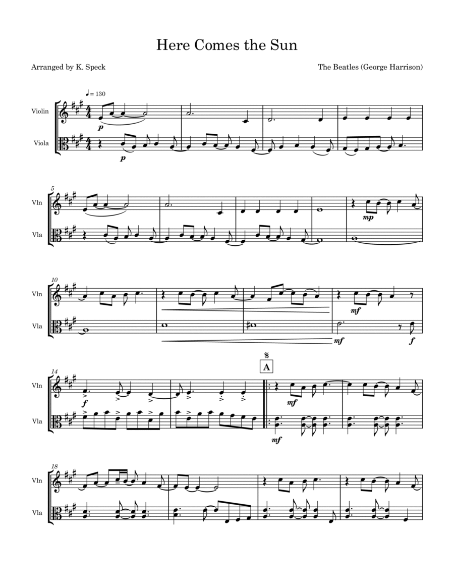 Here Comes The Sun (arr. K. Speck) by The Beatles Sheet Music for