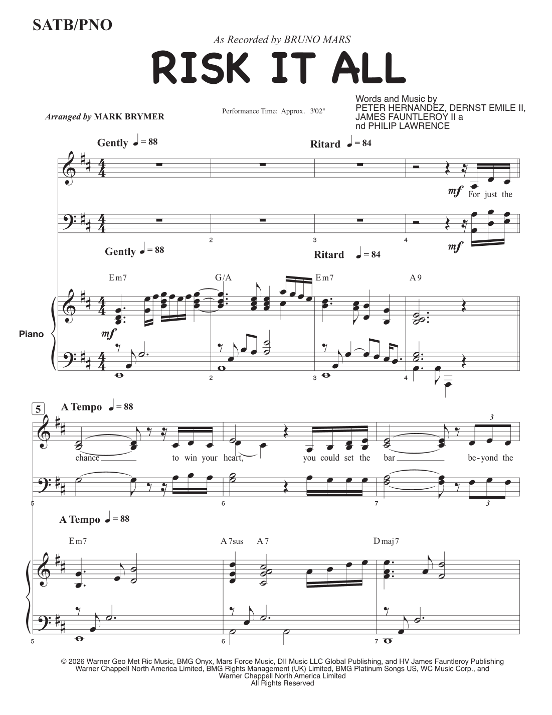 Risk It All (arr. Mark Brymer) by Bruno Mars Sheet Music for SATB Choir ...