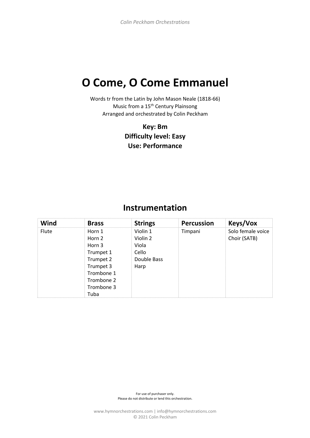 O Come, O Come Emmanuel (arr. Colin Peckham) by Anon 管弦乐团 - 预览