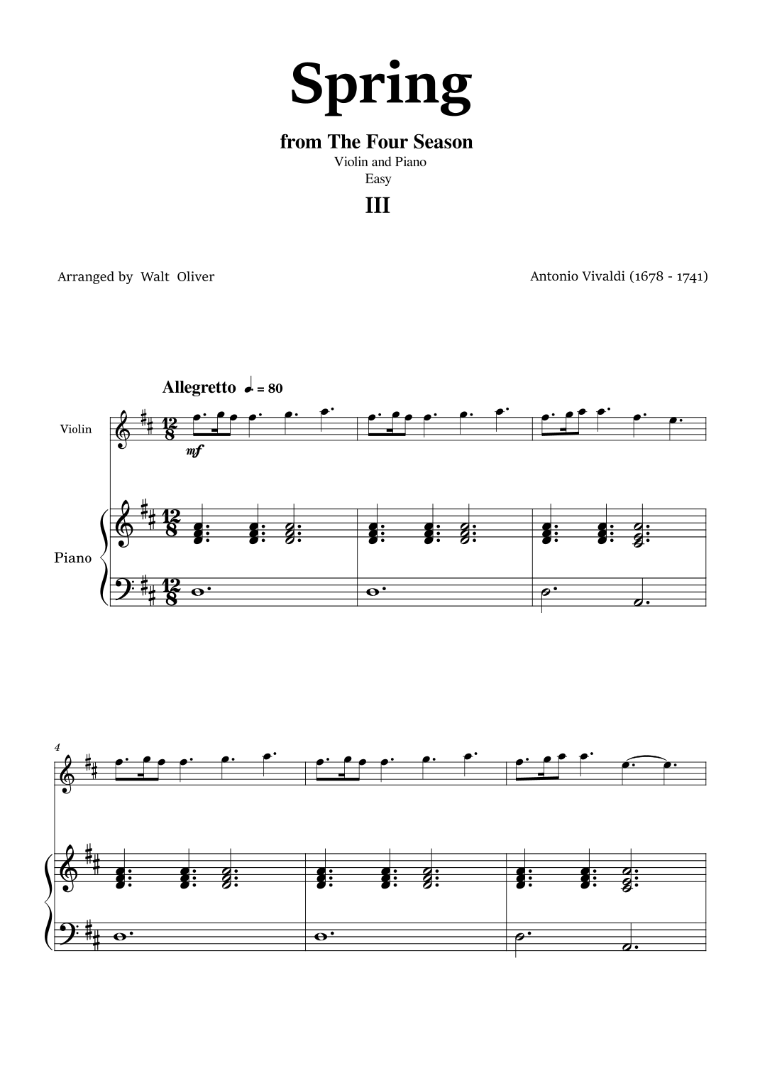 Vivaldi - The Four Seasons - Spring - Violin and Piano - Easy - 3st mov ...