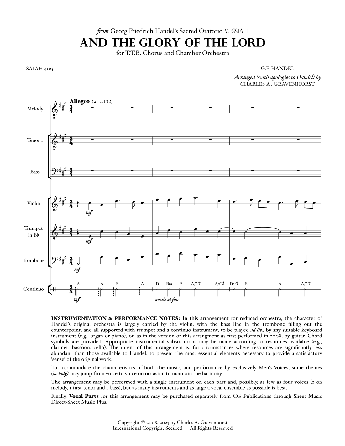 And The Glory Of The Lord (from “MESSIAH”) for Men’s Chorus (TTB) – FULL SCORE (arr. Charles A. Gravenhorst) by G.F. Handel Chamber Orchestra - 预览(韩德尔《弥赛亚》之《主的荣耀》男声合唱 TTB 总谱,Charles A. Gravenhorst 编曲,室内乐团伴奏 - 预览)