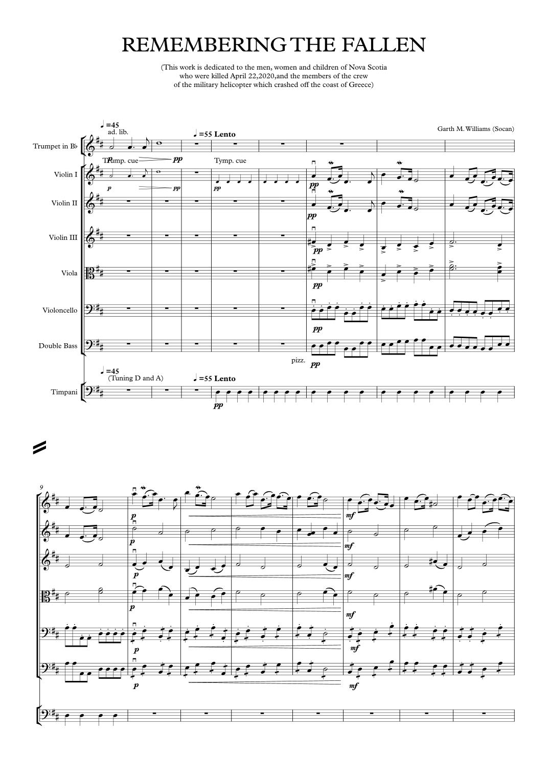 Garth Williams 所作《SALUTE TO THE FALLEN FOR FULL ORCHESTRA》(致敬逝者管弦乐曲)全编制管弦乐团 - 预览
