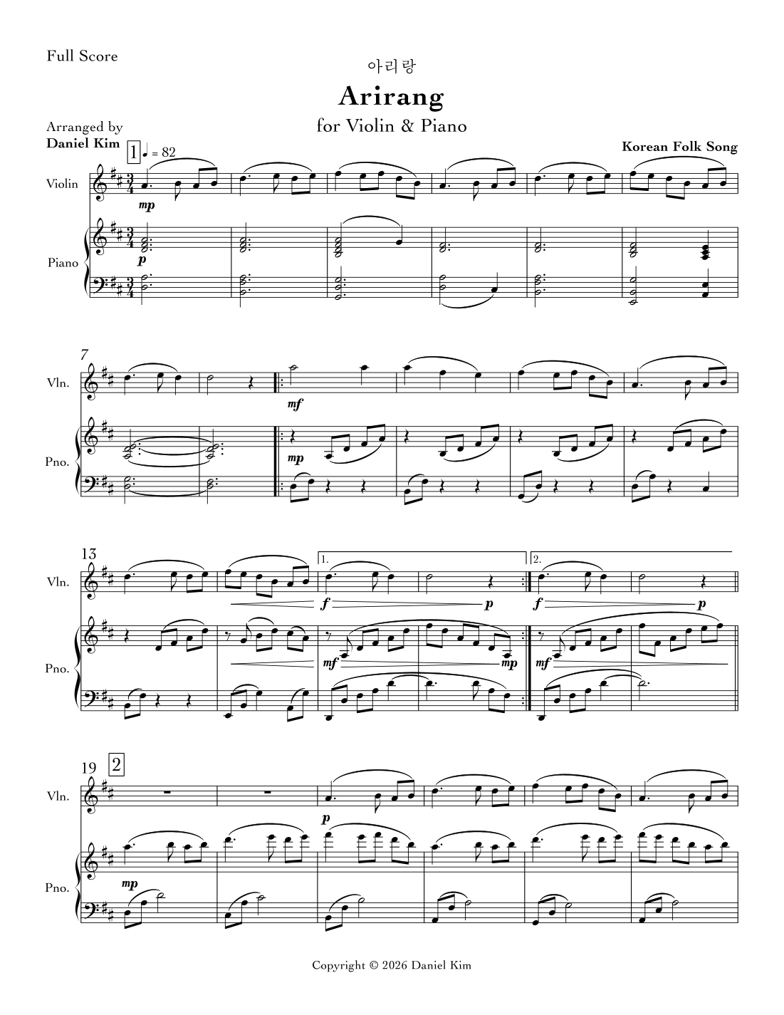 Arirang (Violin & Piano) (arr. Daniel Kim) by Korean folk song Sheet ...