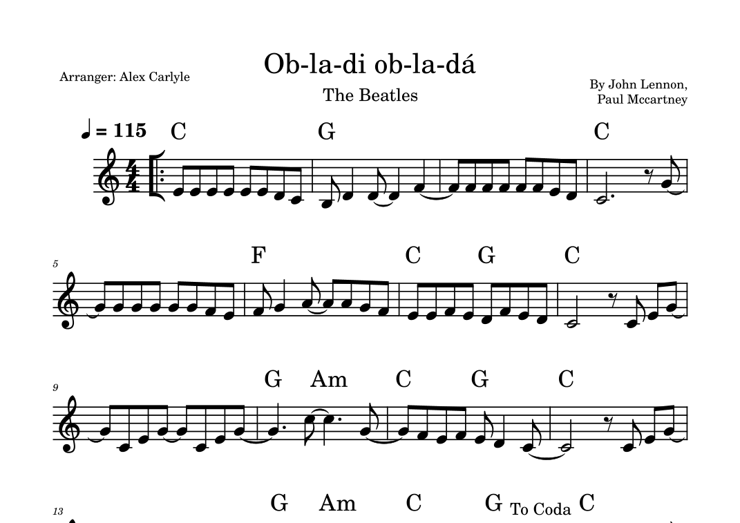 Ob-La-Di, Ob-La-Da by The Beatles Sheet Music for Easy Lead Sheet