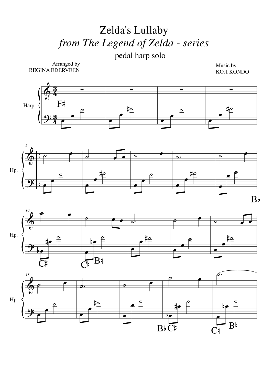 Zelda's Lullaby pedal harp solo Sheet Music Regina Ederveen Harp
