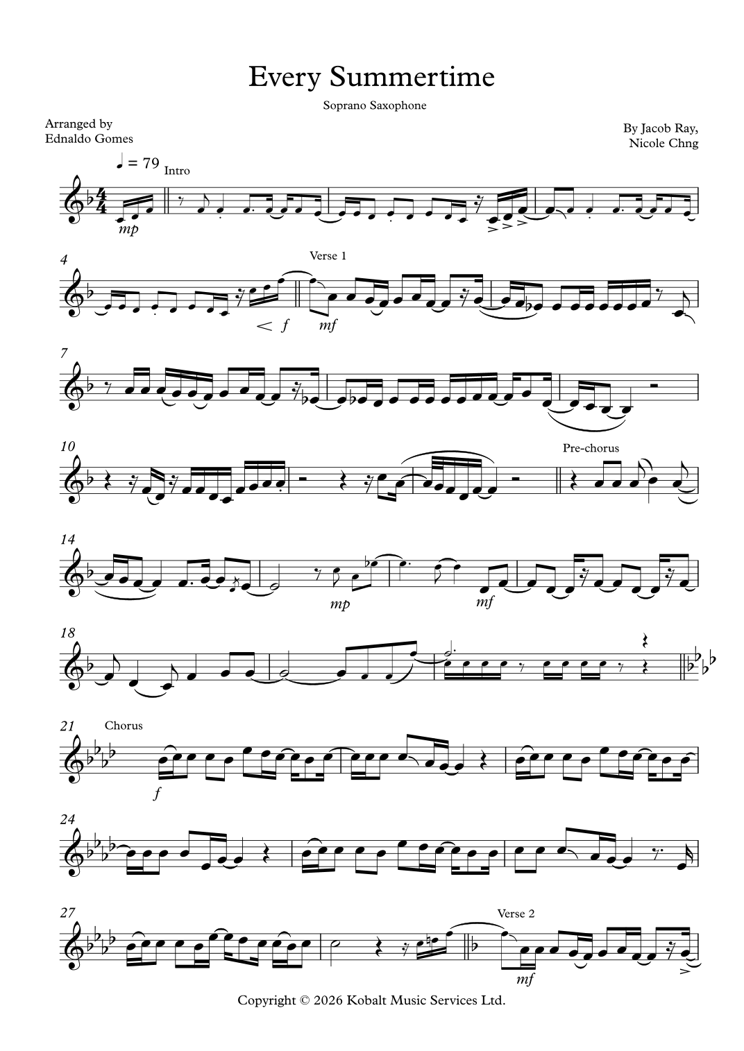 Jacob Ray Every Summertime (arr. Ednaldo Gomes) by Jacob Ray Sheet Music for ...