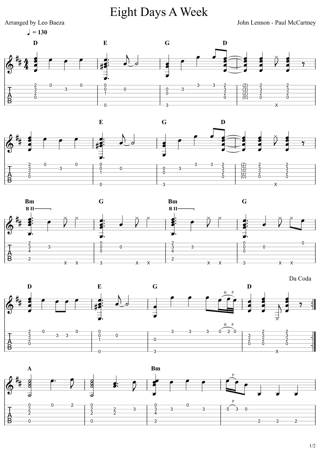Eight Days A Week by The Beatles Sheet Music for Guitar Tab (arr. Leo ...