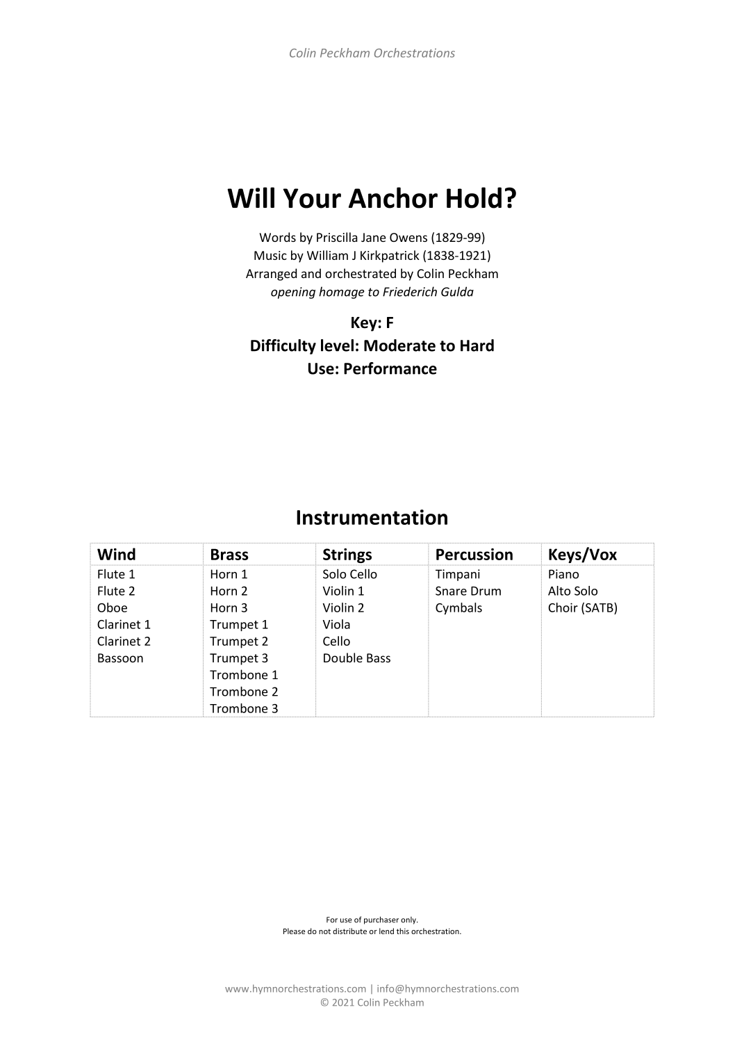 Will Your Anchor Hold? (arr. Colin Peckham) by Priscilla Jane Owens (1829-99) Full Orchestra (管弦乐团) - 预览