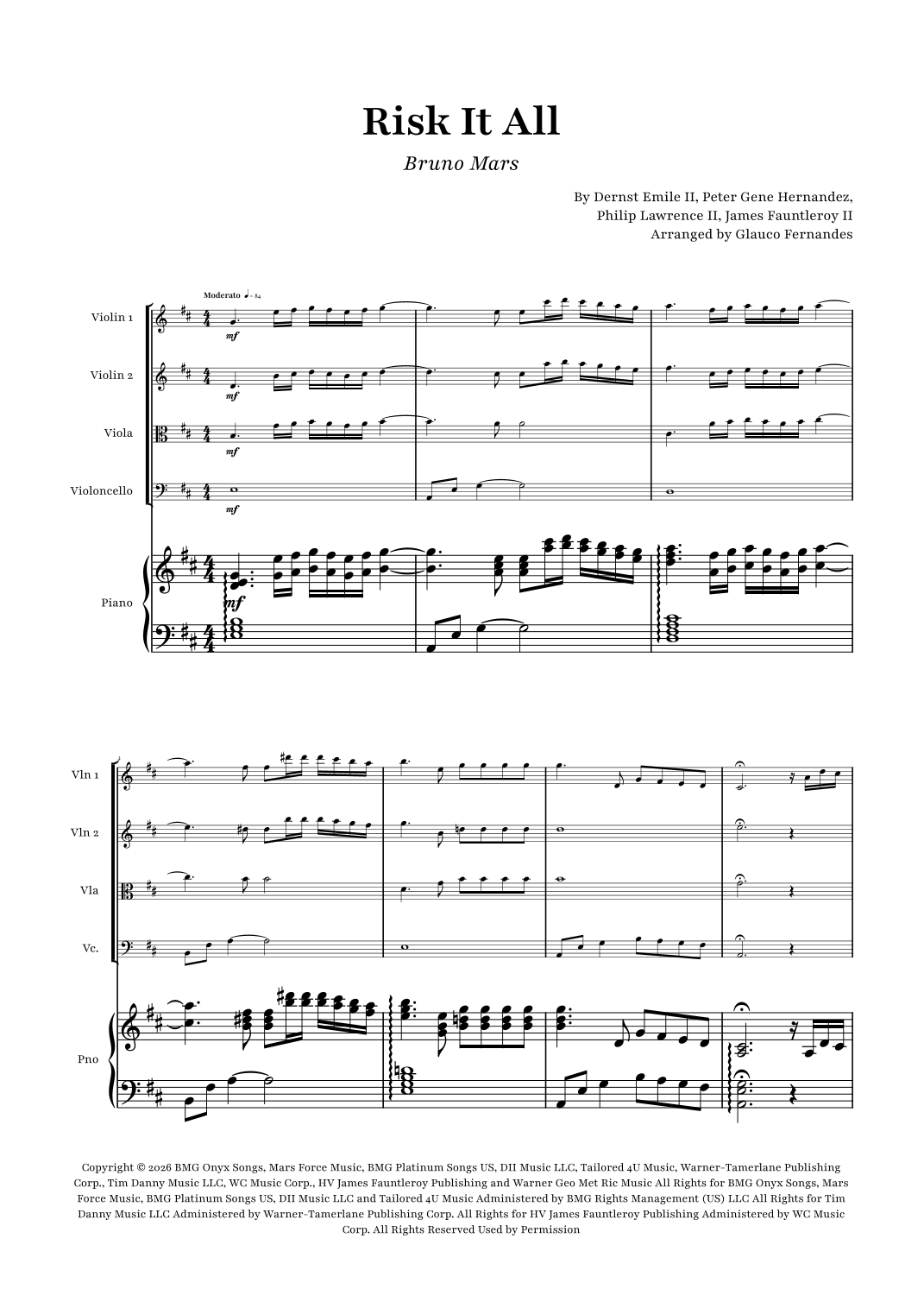 Risk It All (arr. Glauco Fernandes by Bruno Mars Sheet Music for String ...