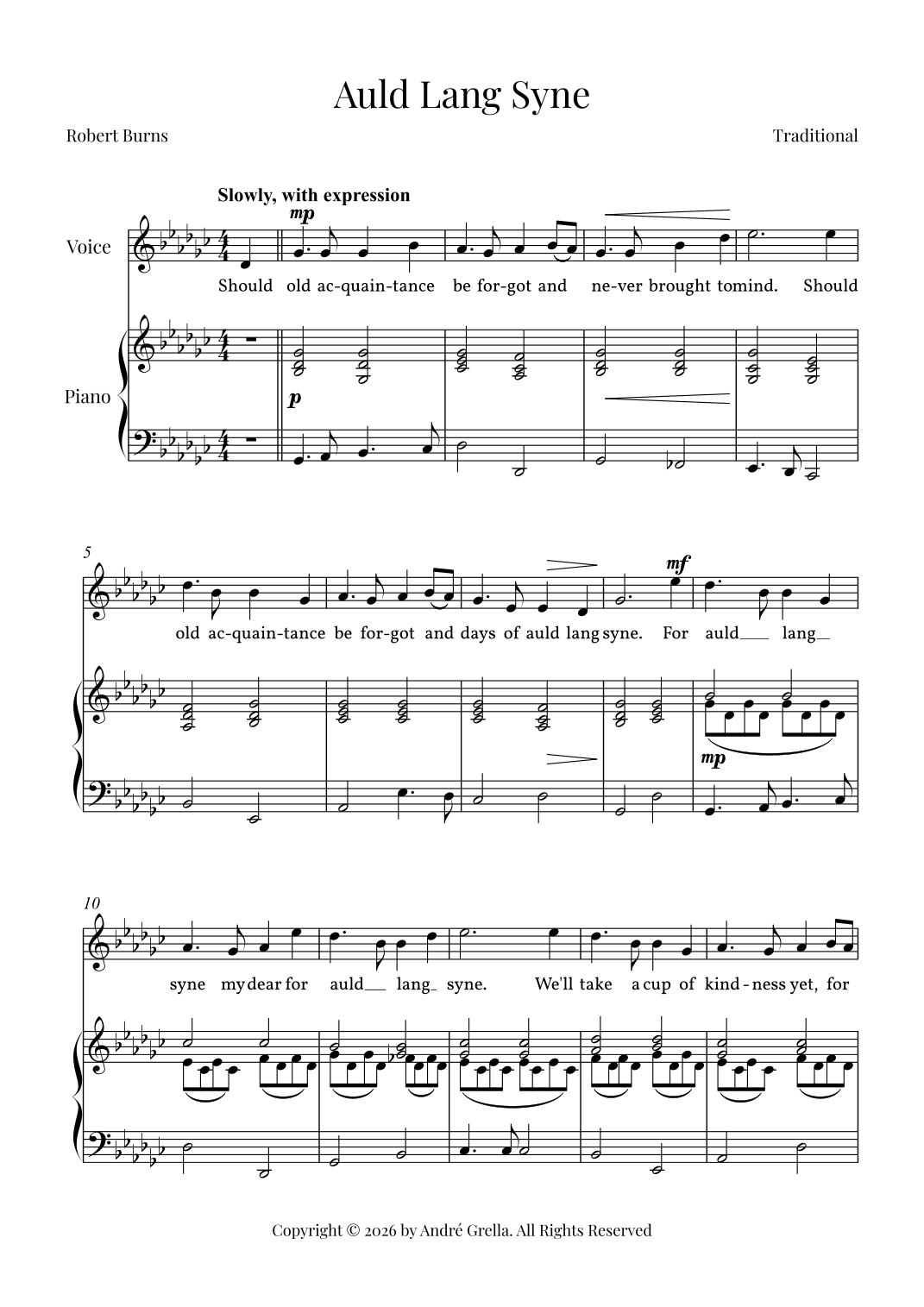 Auld Lang Syne – Voice and Piano in Gb Major by Traditional Sheet Music ...