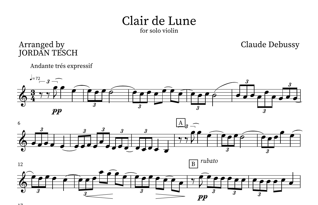 Clair de Lune (arr. Jordan Tesch) by Claude Debussy Sheet Music for