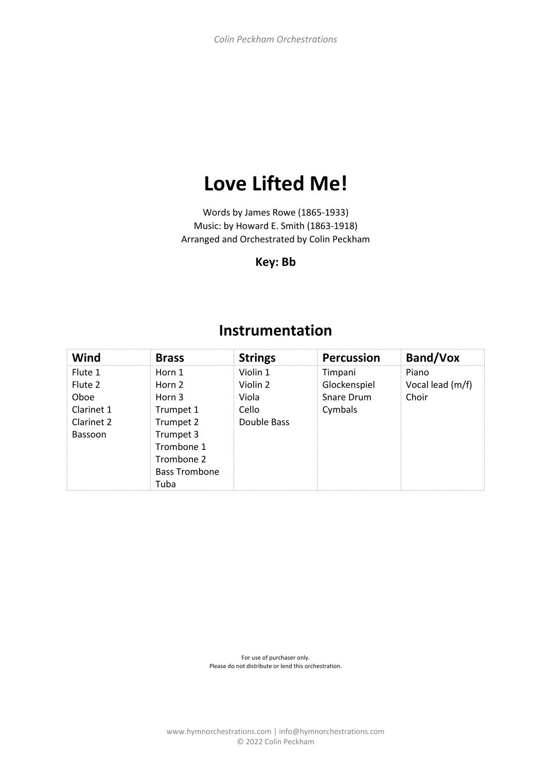 Love Lifted Me! (SATB and orchestra) (arr. Colin Peckham) by Howard E. Smith (1863-1918) Full Orchestra