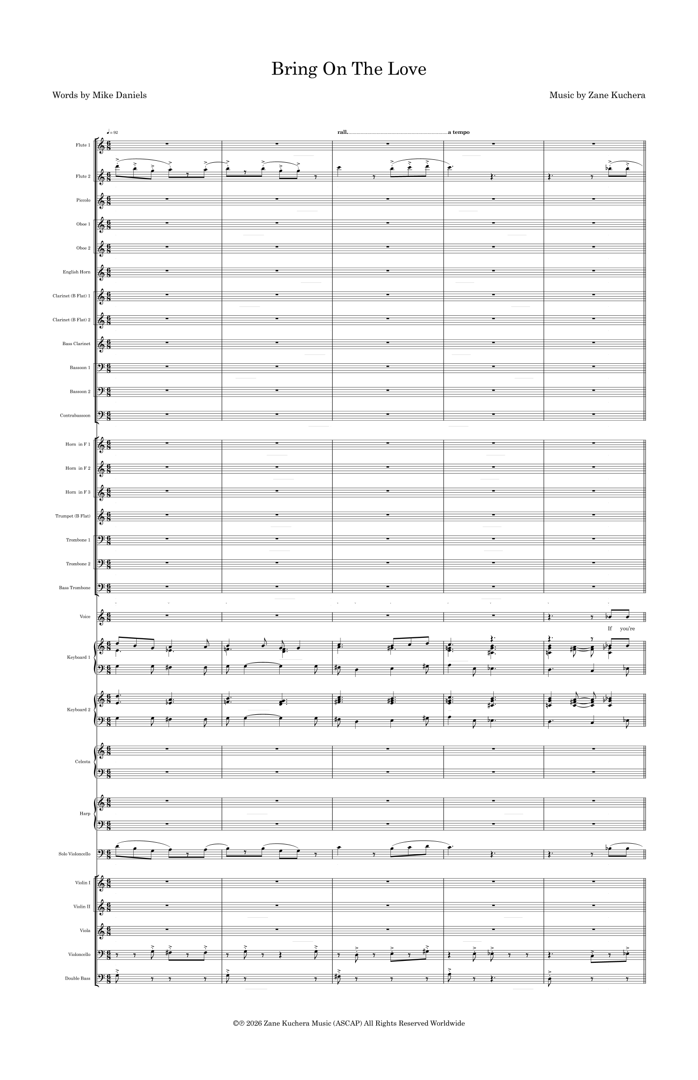 【赞恩·库切拉《带来爱》管弦乐总谱】Bring On The Love by Zane Kuchera Full Orchestra PDF乐谱下载