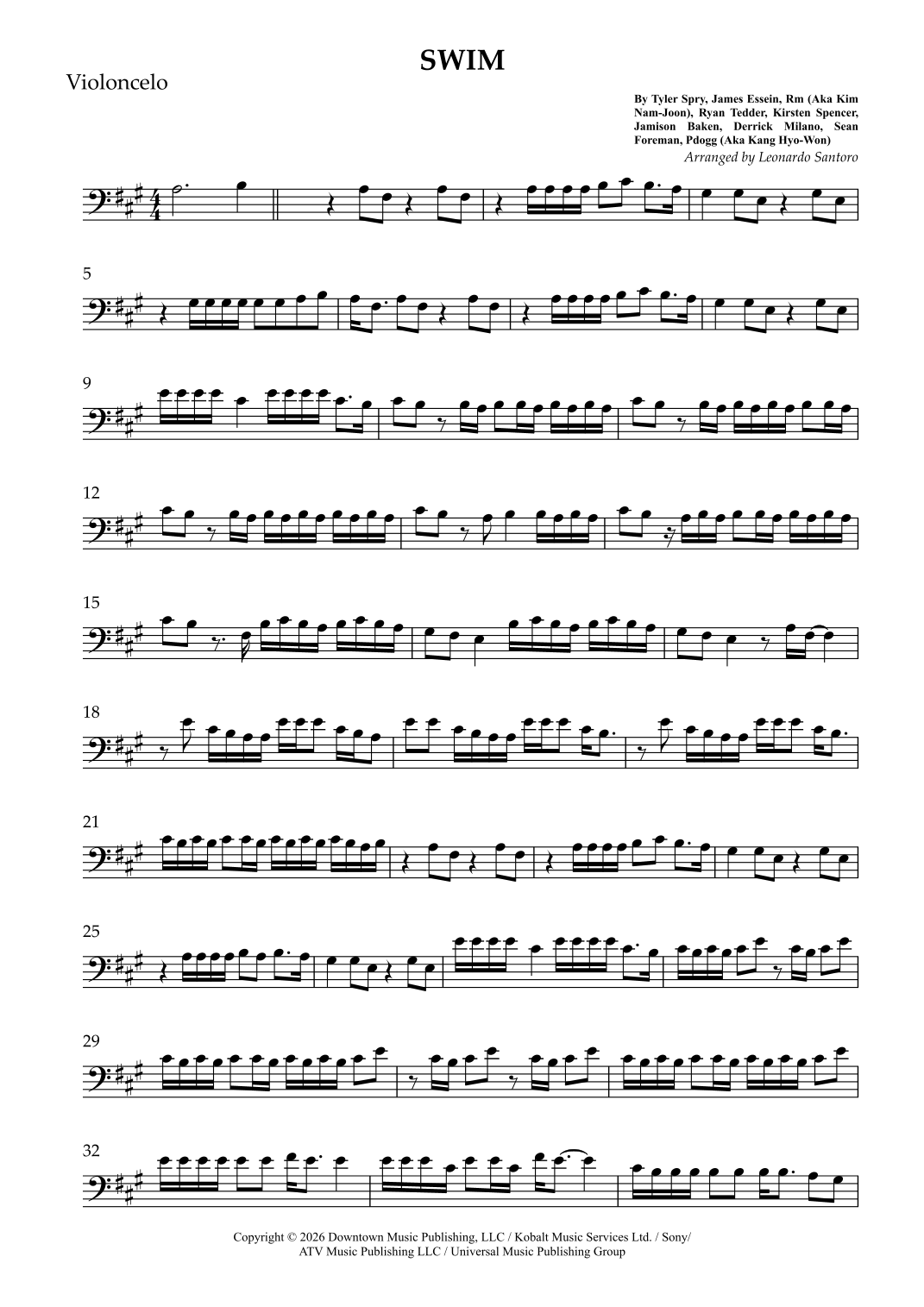Swim by BTS Sheet Music for Cello Solo (arr. Leonardo Santoro) at