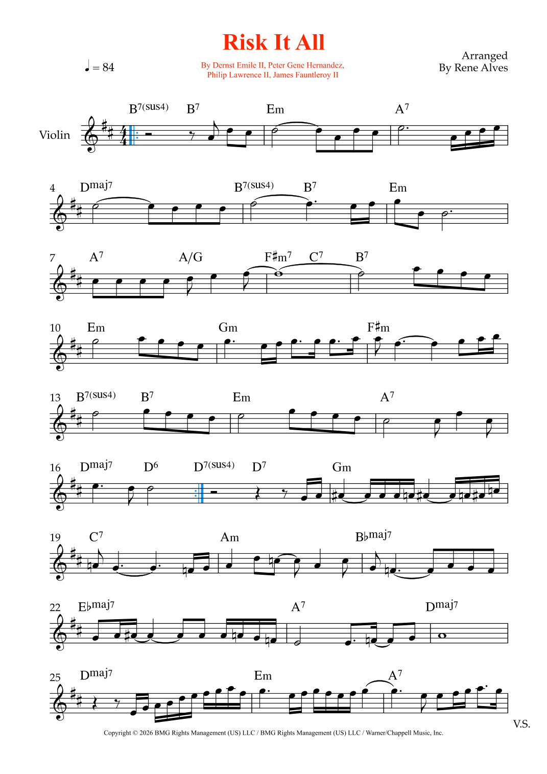 Risk It All (arr. Rene Alves) by Bruno Mars Sheet Music for Violin Solo ...