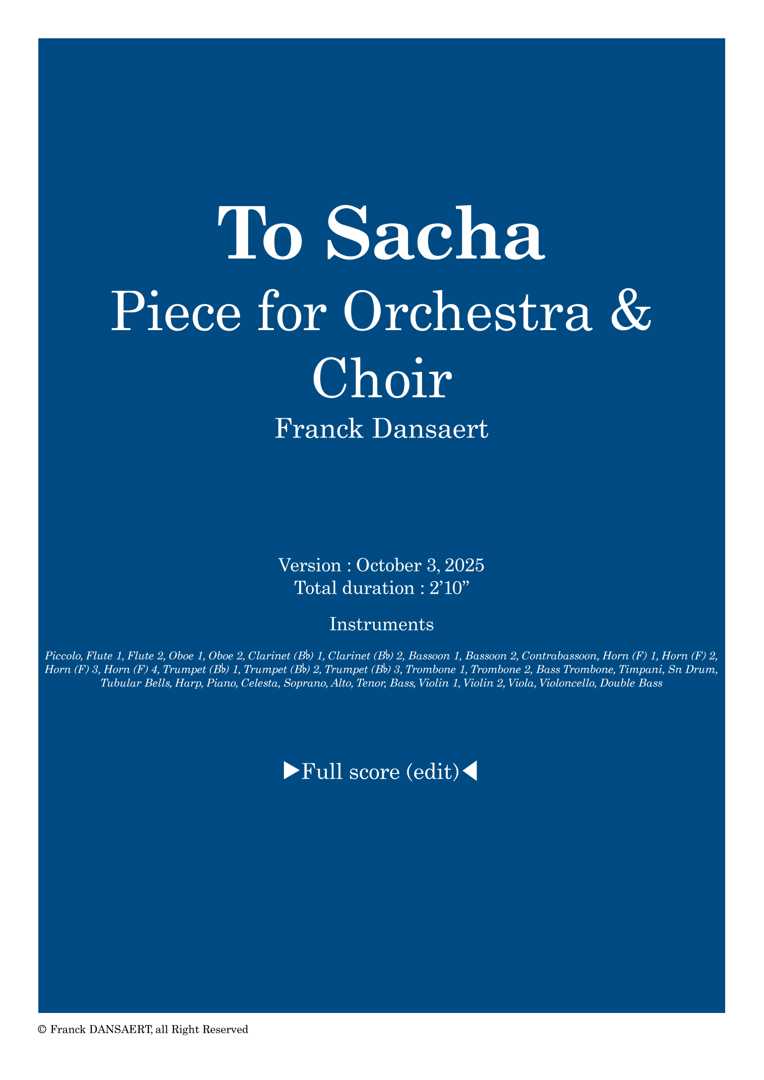 To Sacha - 仅总谱 (Franck Dansaert - 管弦乐团) - 预览
