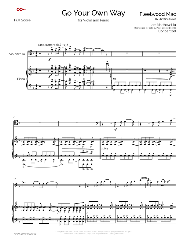 Go Your Own Way Sheet Music Fleetwood Mac Cello Duet