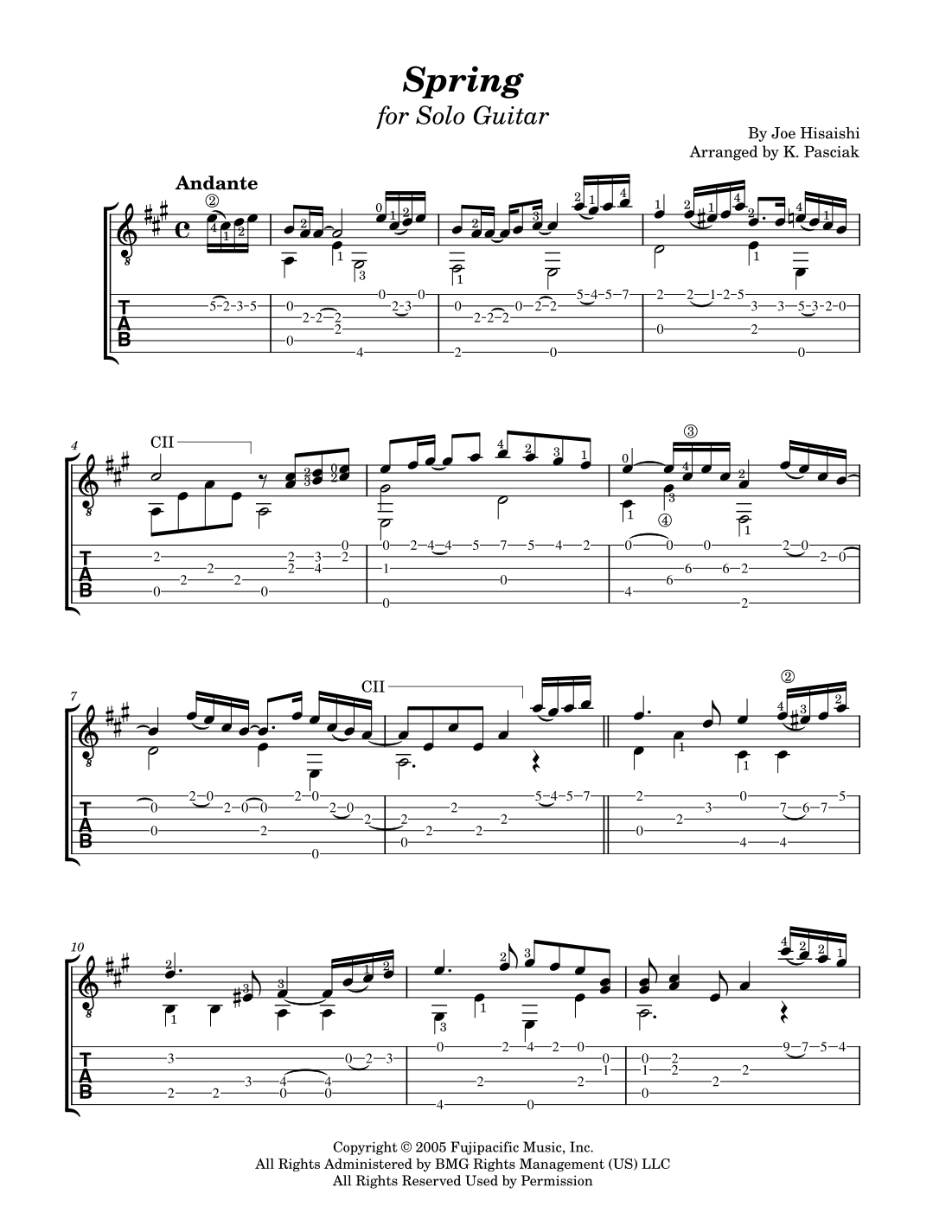 Spring (arr. Kenneth Pasciak) by Joe Hisaishi Sheet Music for Guitar ...