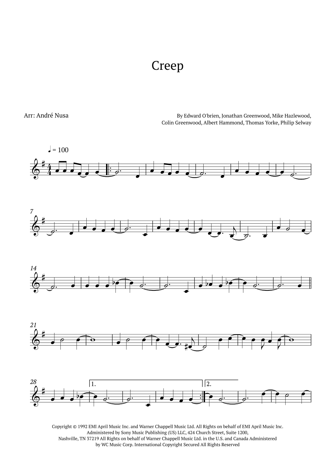 Creep by Radiohead Sheet Music for Trumpet Solo (arr. André Nusa