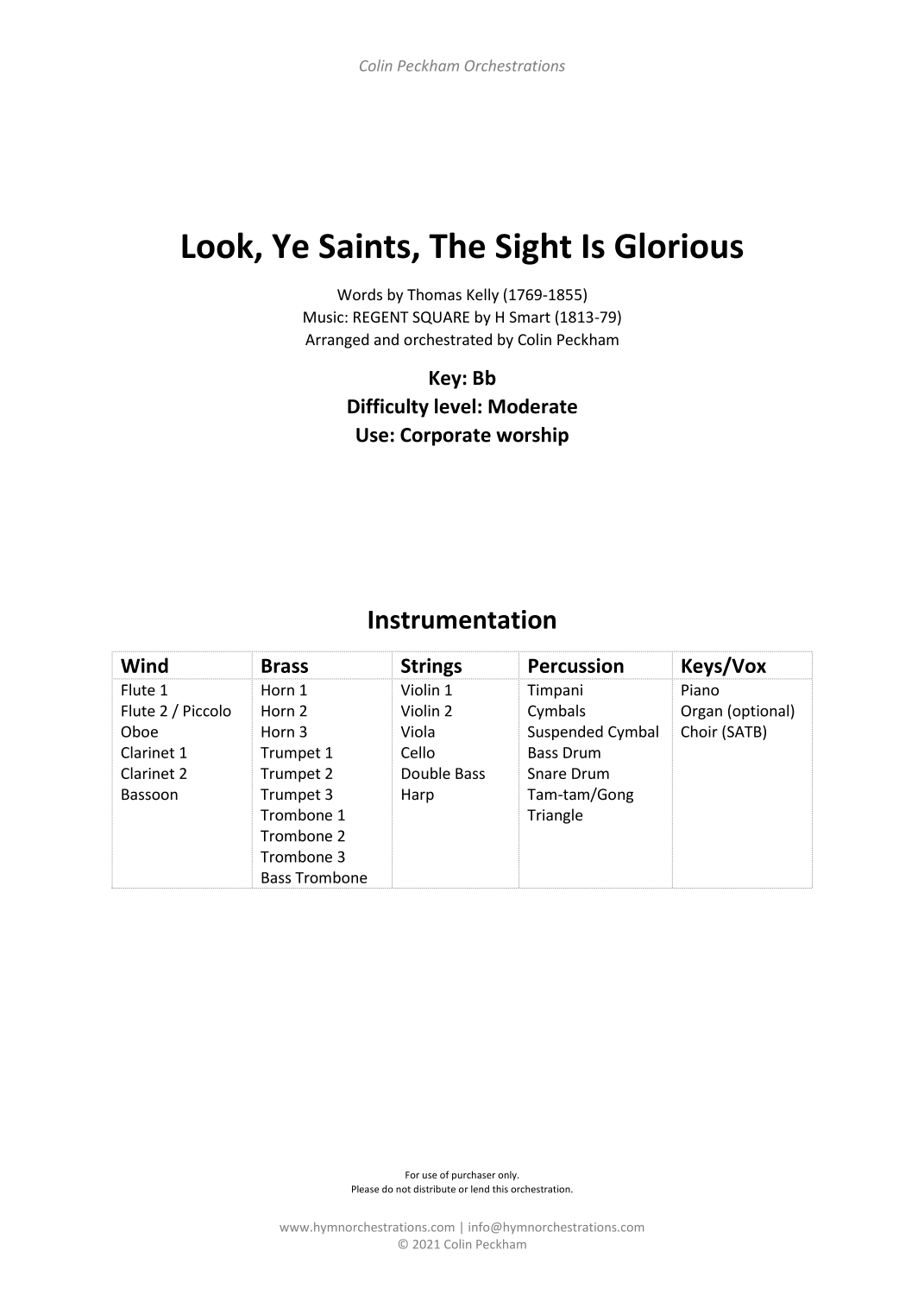 Look, Ye Saints, The Sight Is Glorious (Regent Square) (arr. Colin Peckham) by H Smart (1813-79) 管弦乐团 - 预览