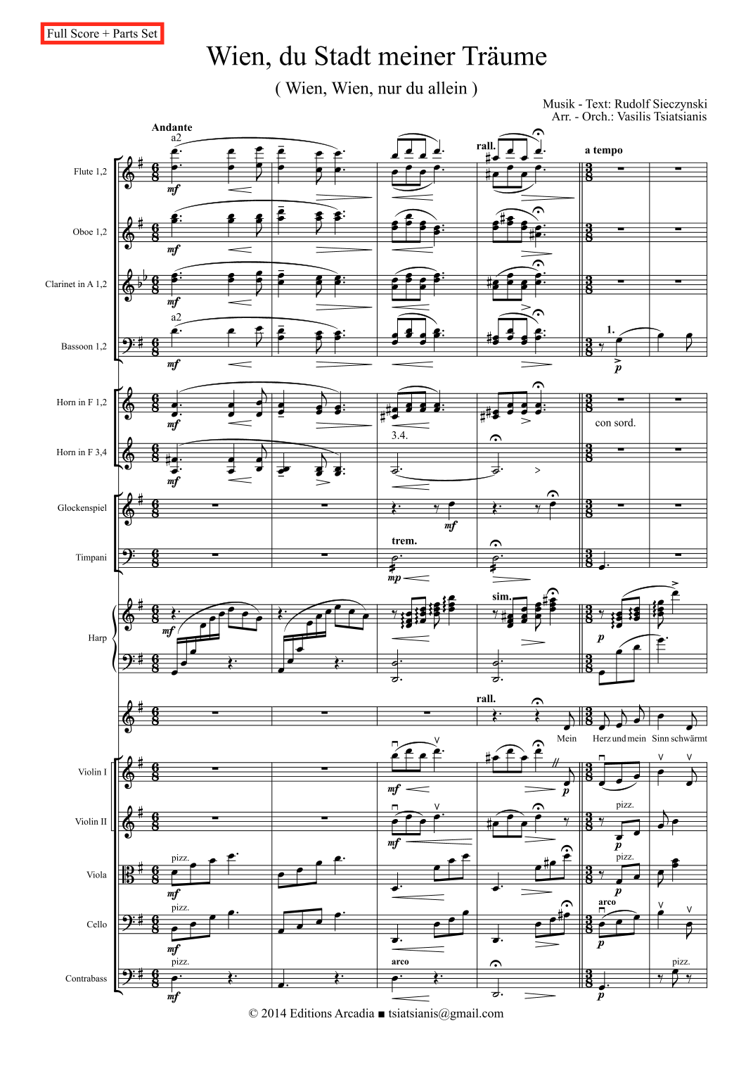 R.Sieczynski: Wien, du Stadt meiner Träume. 管弦乐团、合唱及高音独唱总谱。总谱+分谱(Vasilis Tsiatsianis 编曲),Rudolf Sieczynski 作曲 Full Orchestra - 预览