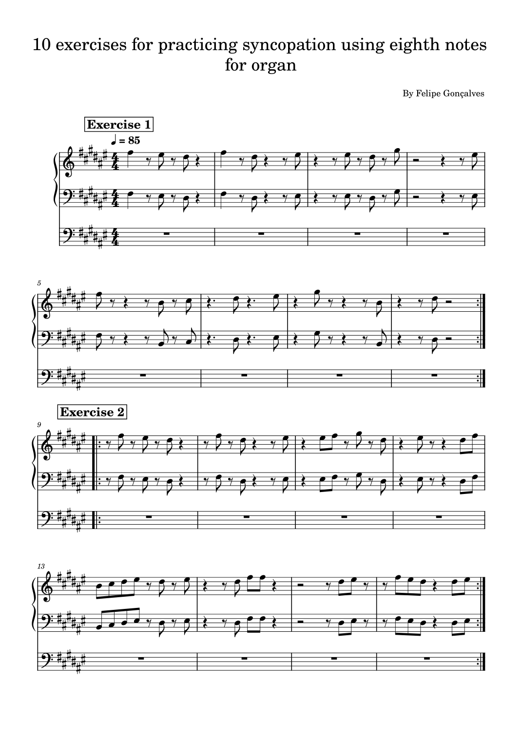 10 exercises for syncopation using eighth notes for organ in F# major ...