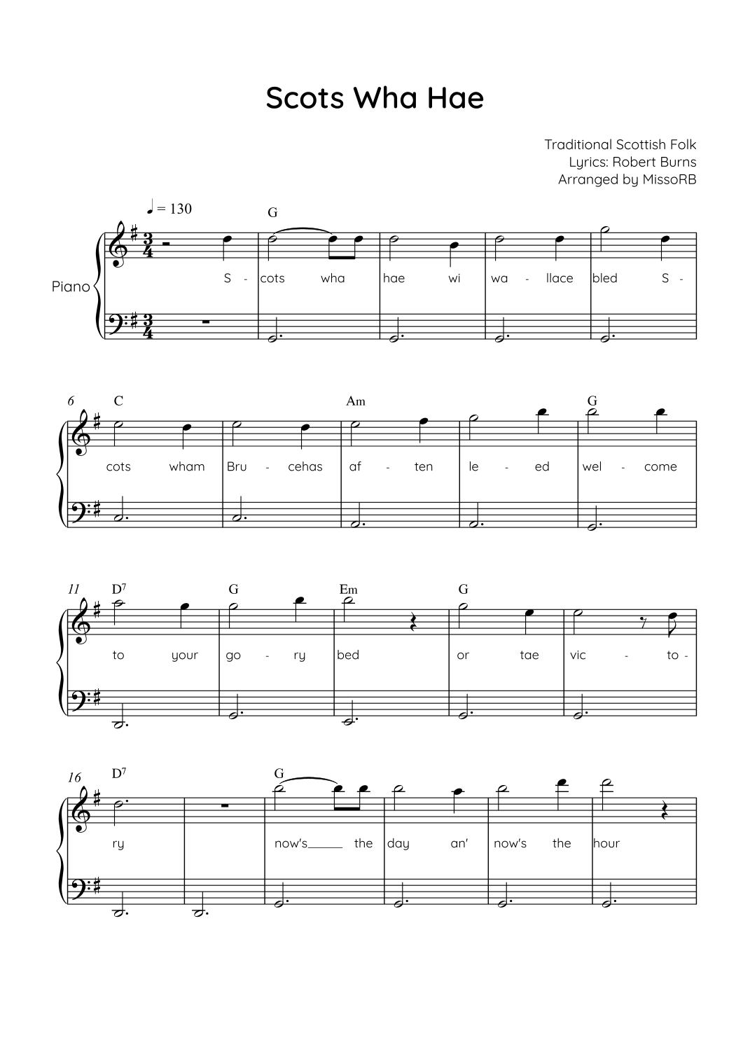 Traditional Scots Script Scots Wha Hae - Piano in G Beginner with Chords and Lyrics (arr ...