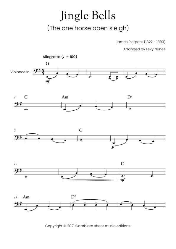 Jingle Bells For cello (with chord symbols). Easy/Beginner (arr. Levy Nunes) Sheet Music