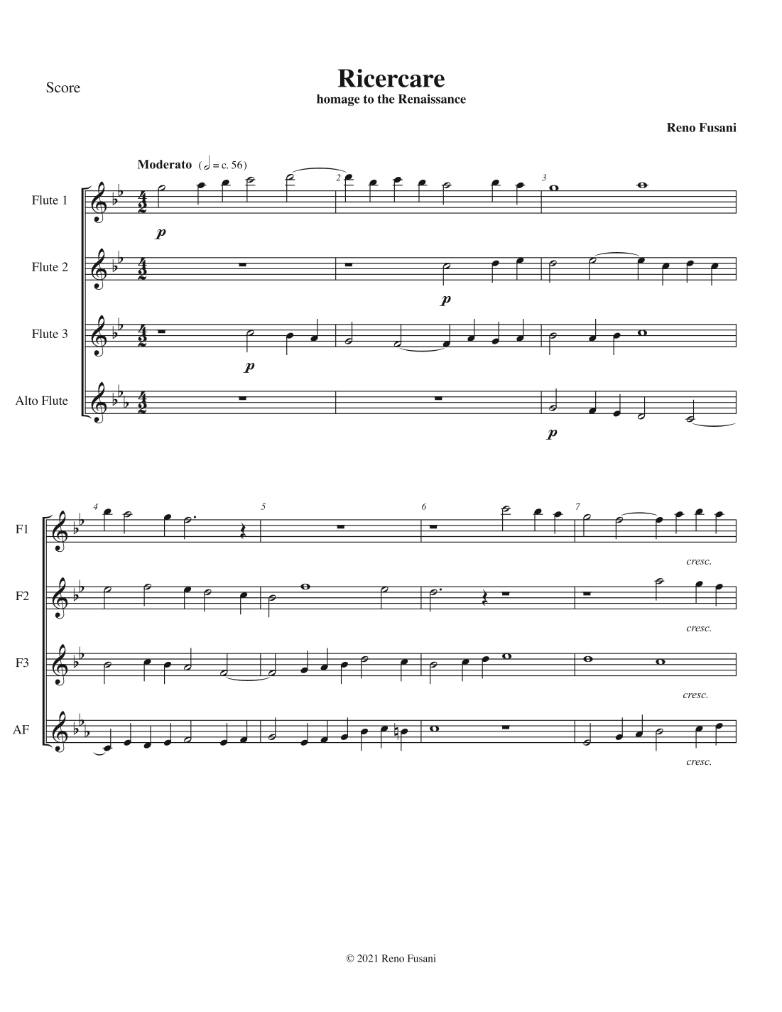Ricercare for Flute Ensemble Sheet Music | Reno Fusani | Woodwind Ensemble