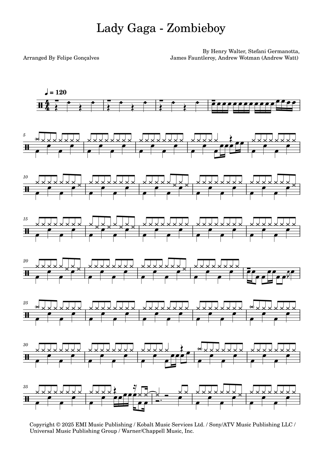 Zombieboy (arr. The Ninja) by Lady Gaga Sheet Music for Drums at Sheet ...