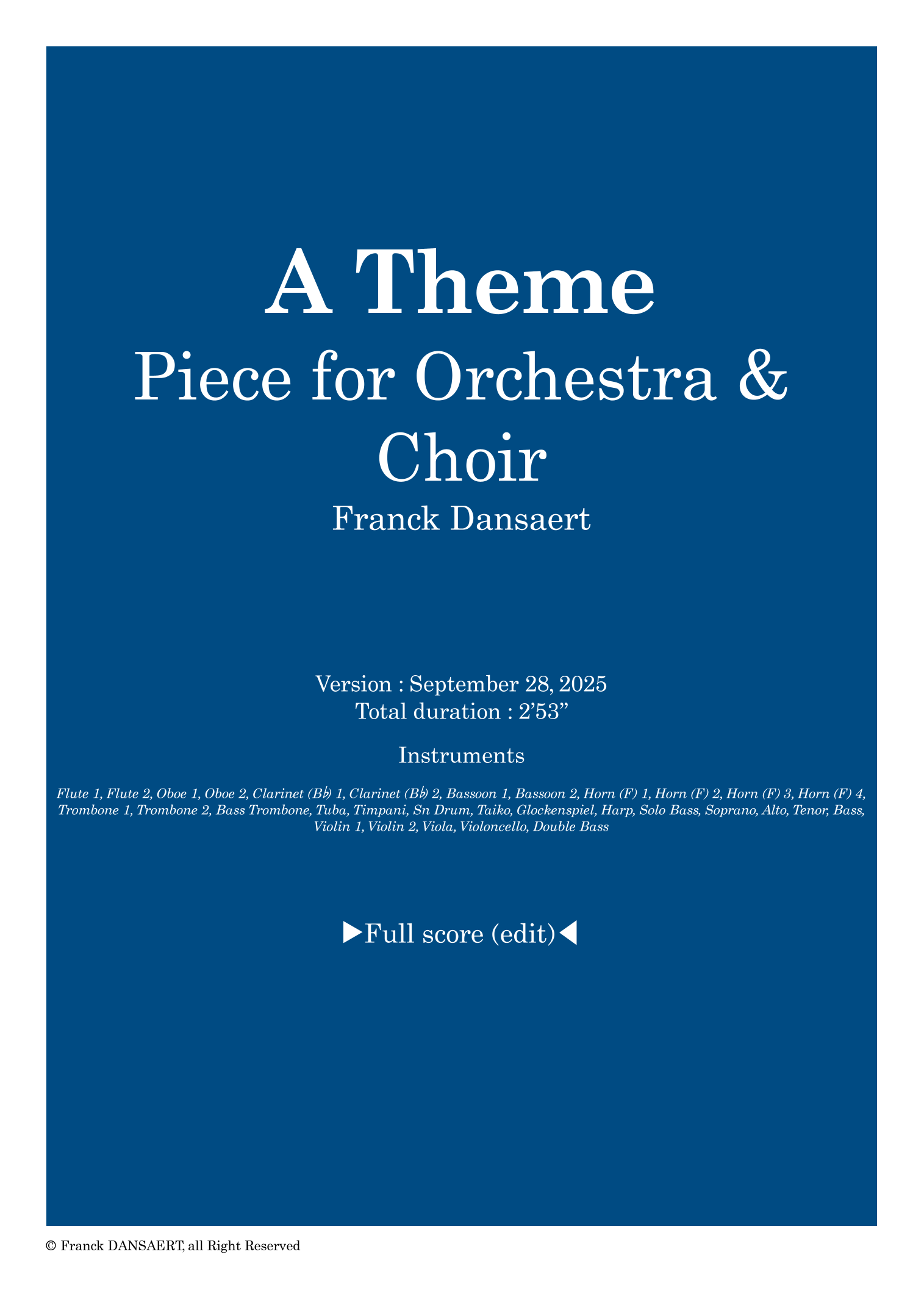 A Theme - Score Only by Franck Dansaert Full Orchestra