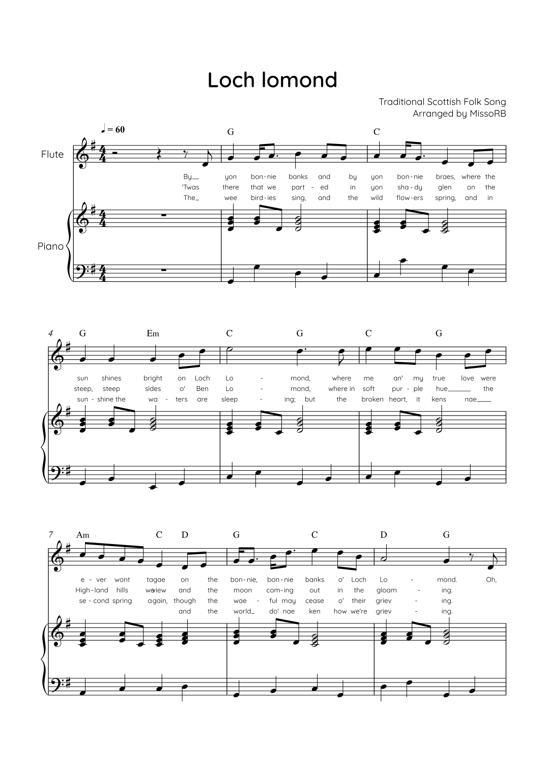 Loch Lomond - Flute & Piano in G With Lyric & Chords - Easy (arr ...